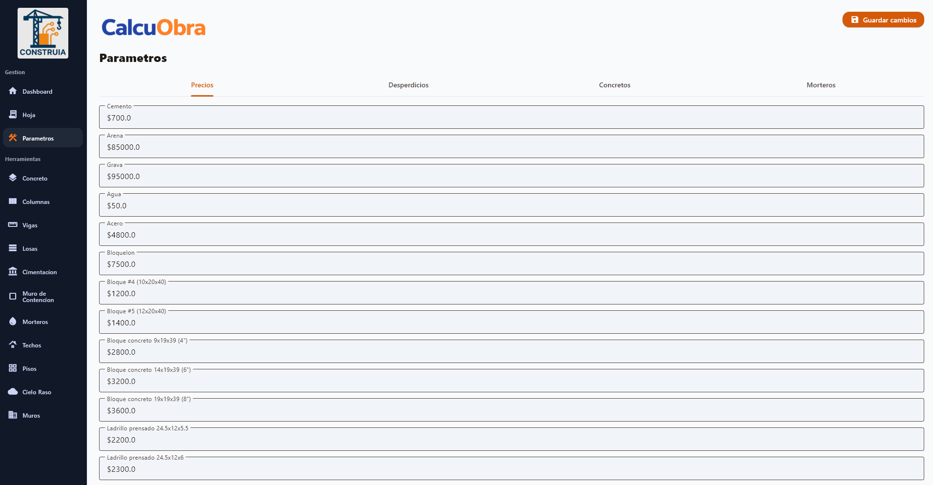 Parámetros de precios